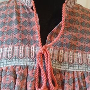 Lucky Brand Sheer Boho Coral Print Peasant Blouse Sm